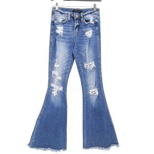 Flying Monkey Blue Flare Wide Leg Jeans with Distressed Details